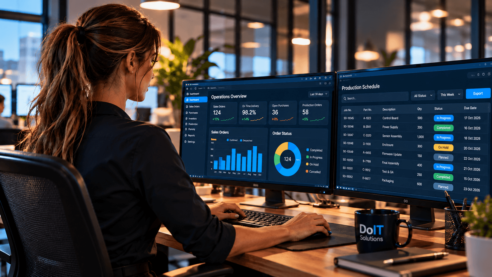 Professional working with operational dashboards and production reporting systems