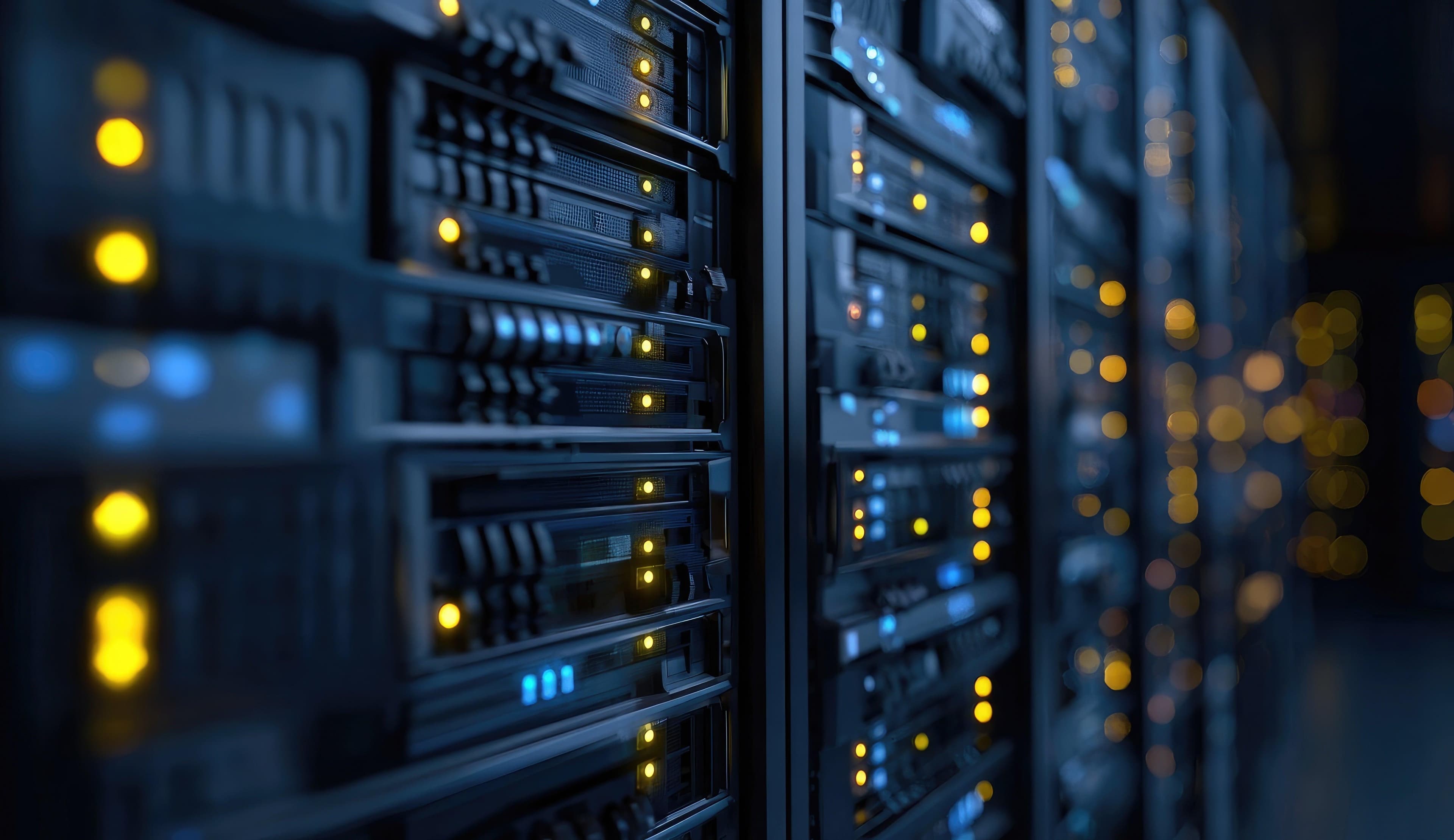 Server infrastructure with blue and amber status lights