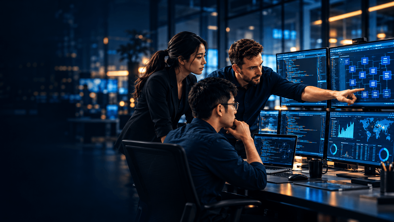 Technology professionals collaborating around code and information systems on multiple screens