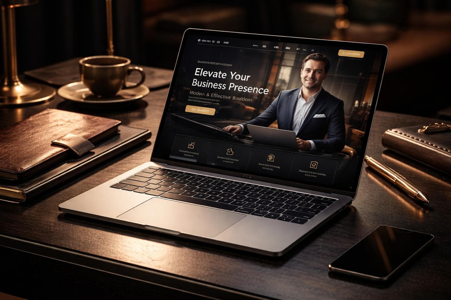 Laptop displaying a website on a warmly lit desk